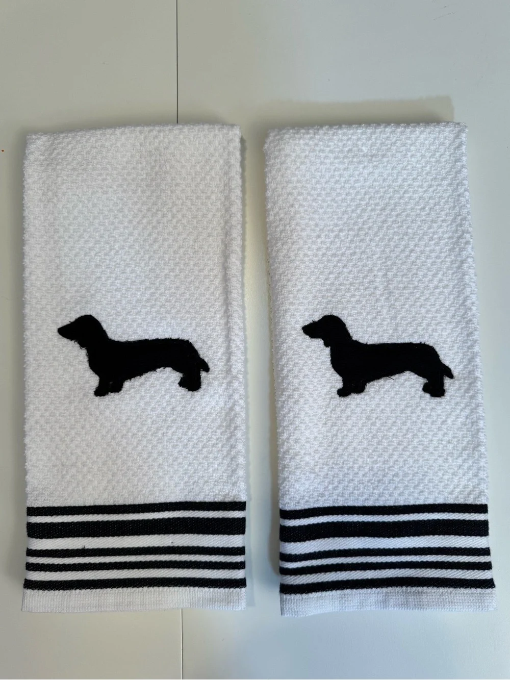 White Embroidered Kitchen Towels with Black Dachshund NEW Made to order